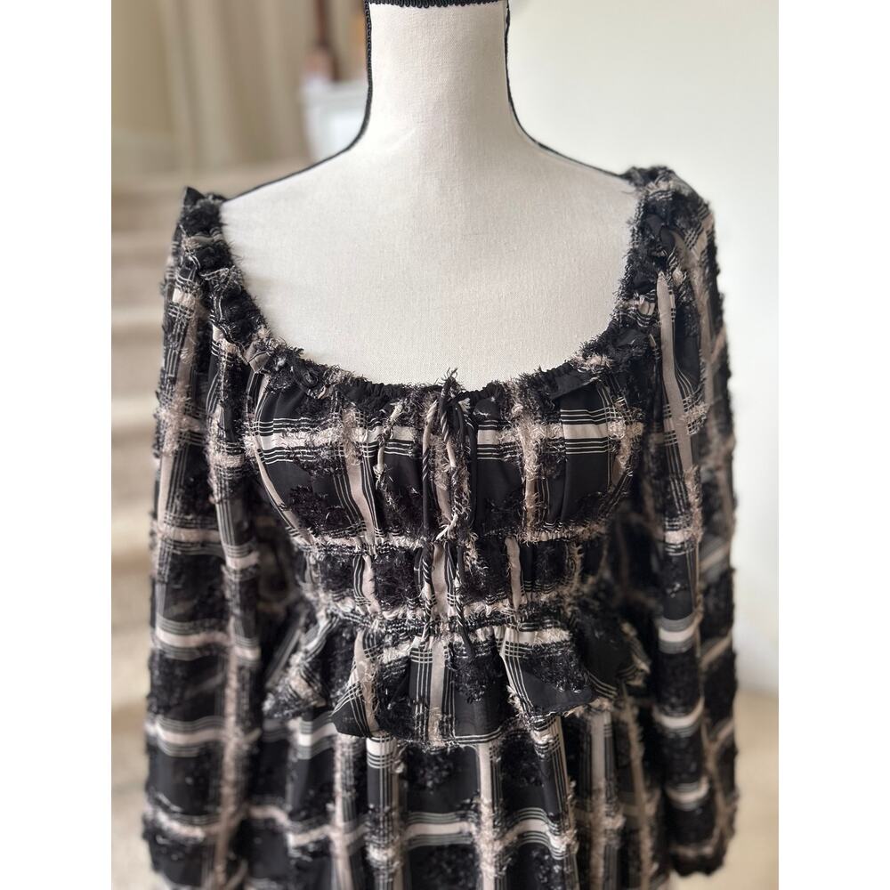 Aureum Black & Tan Plaid Frayed Milk Maid Whimsigoth Blouson Sleeve Midi Dress - Picture 2 of 8